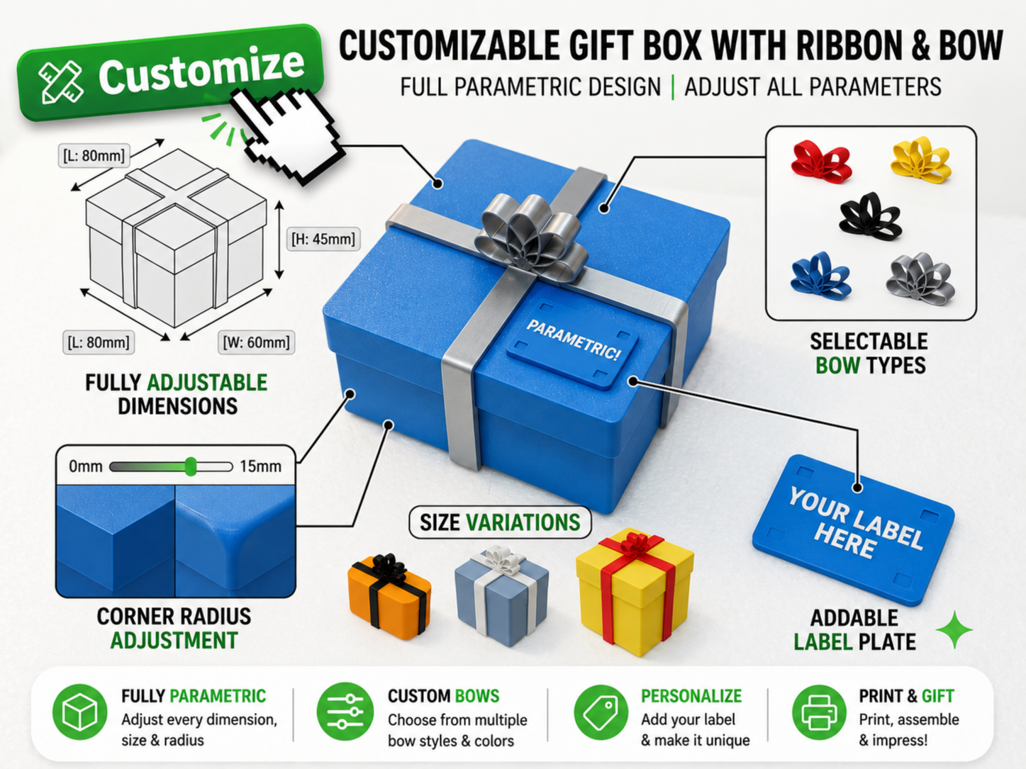 Customizable gift box with ribbon, bow and label