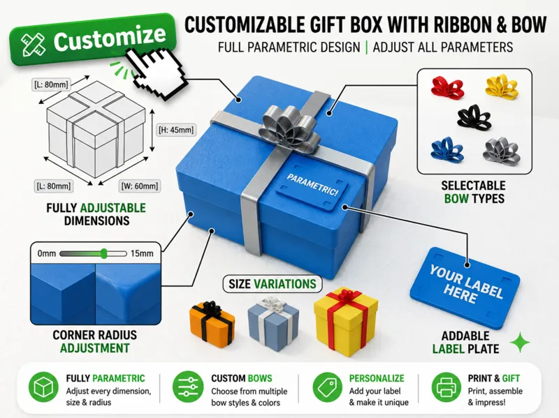 Customizable gift box with ribbon, bow and label