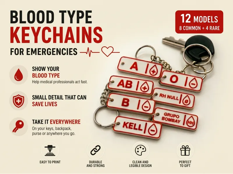 Medical Emergency Blood Type Keychains (12 Models)