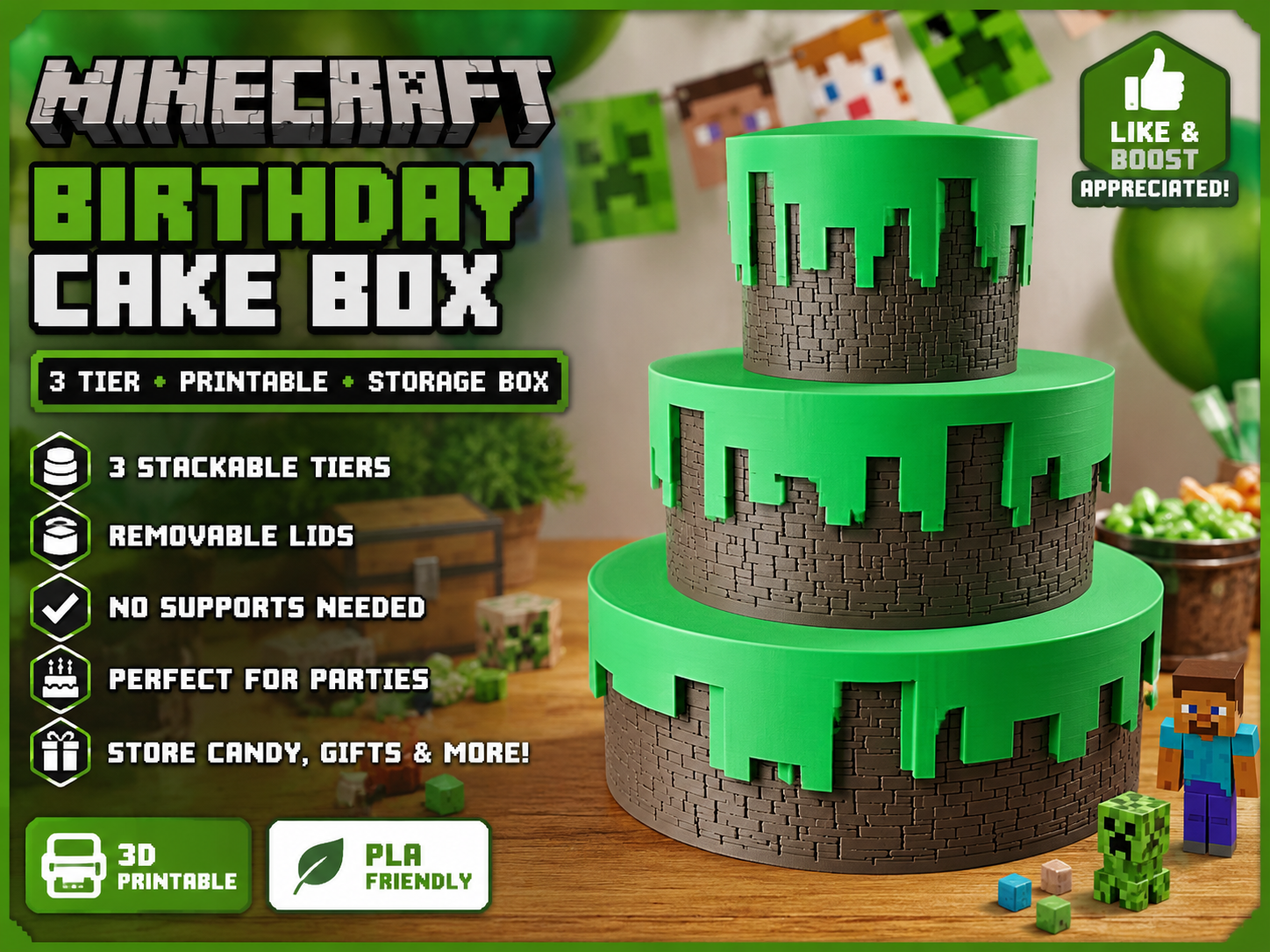 Minecraft Style Birthday Cake Box – 3 Tier