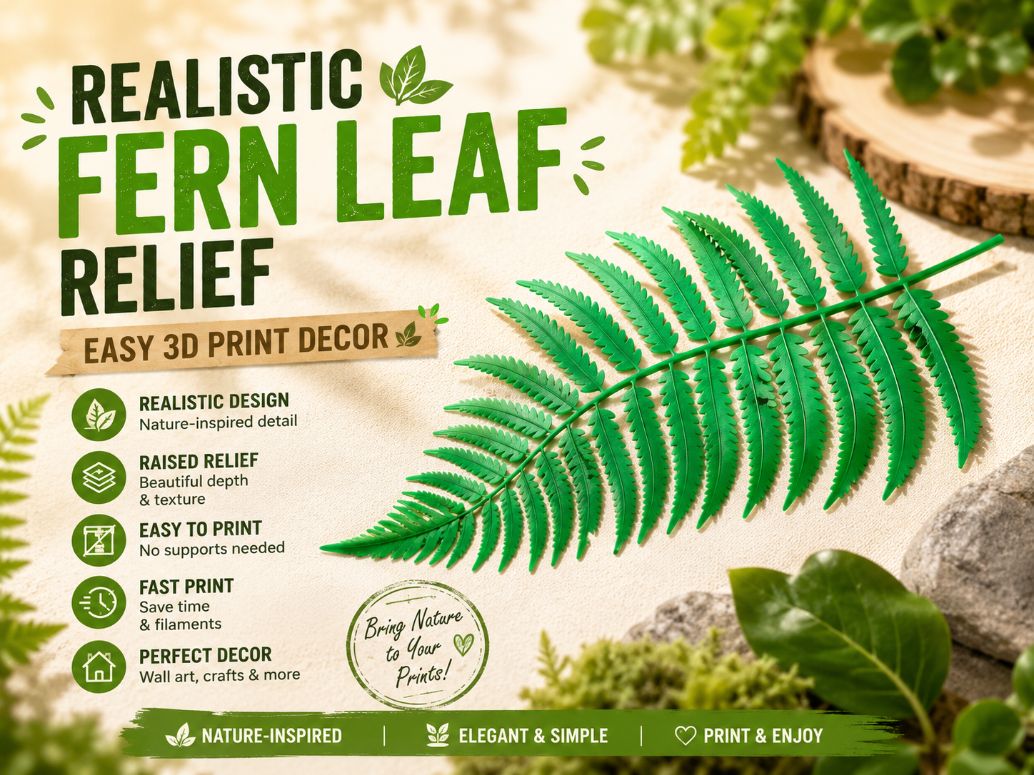 Realistic Fern Leaf Relief | Easy 3D Print Decor