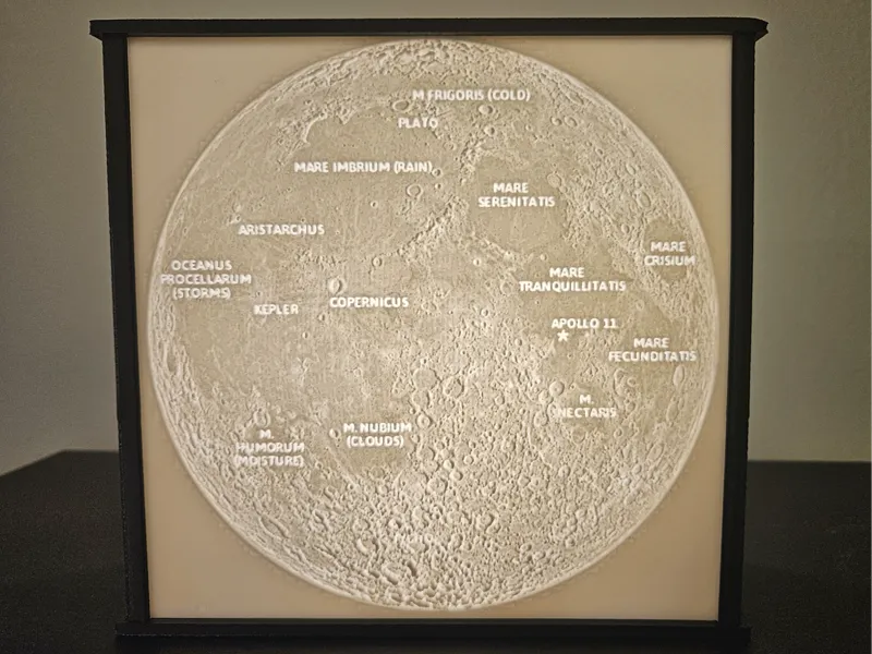 Moon Map Lithophane, Visible Features Labelled