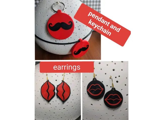 Mustache and lips - pendant, earrings and keychain