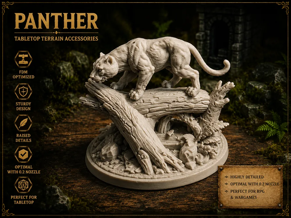 Figura decorativa: Panther on Fallen Tree – Fantasy Miniature. Referencia del modelo original.