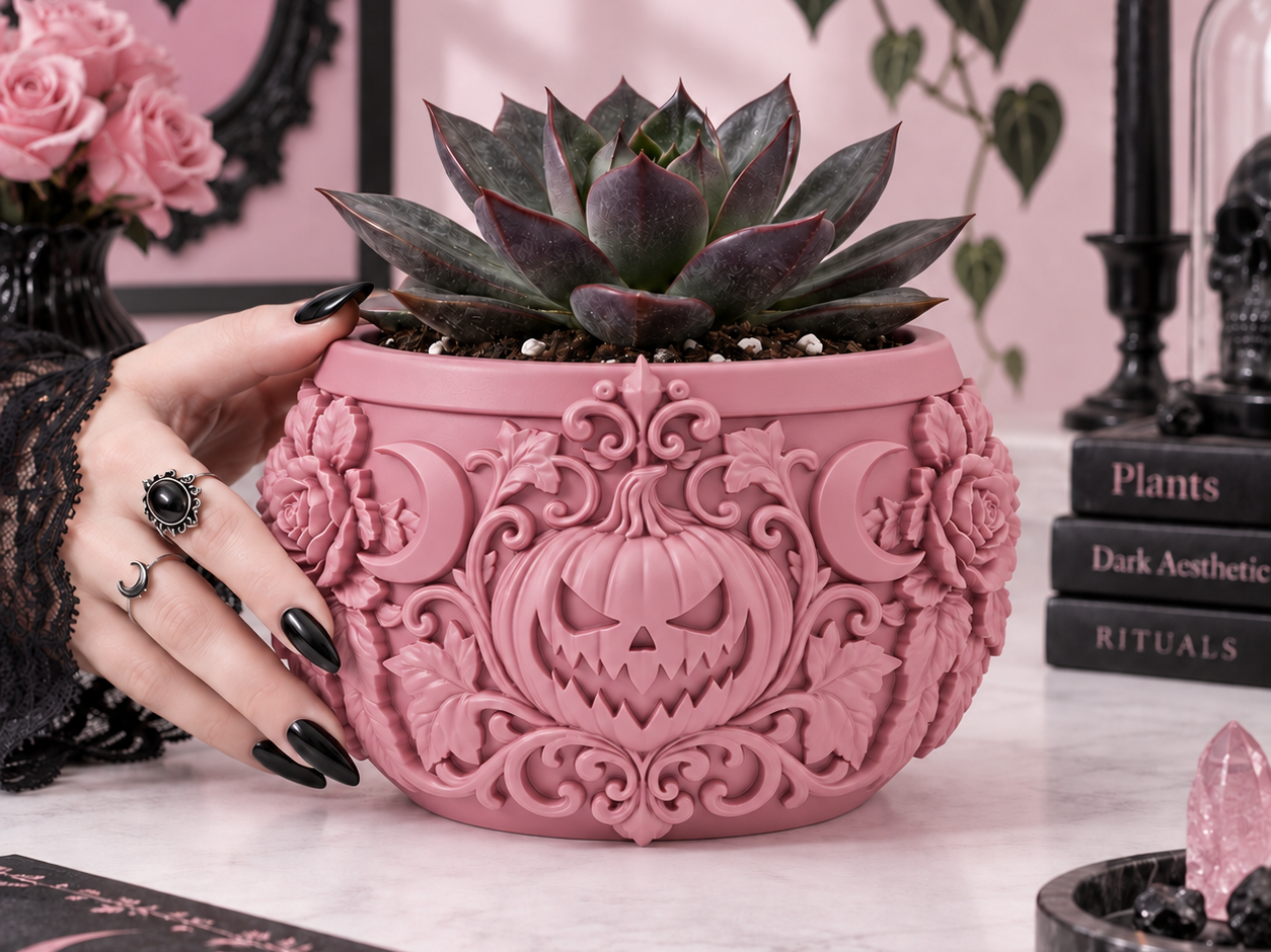 Goth Halloween Samhain Pumpkin Moon Rose Planter - 1