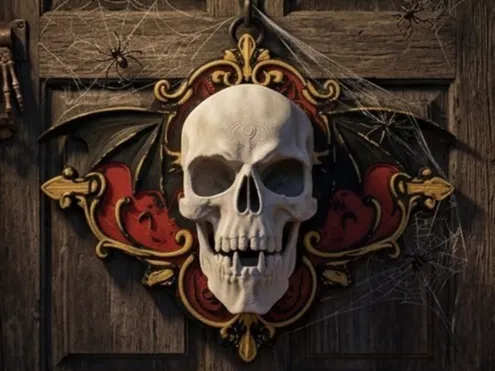 Adorno temático: Vampire Skull Door Decor (Halloween). Referencia del modelo original.