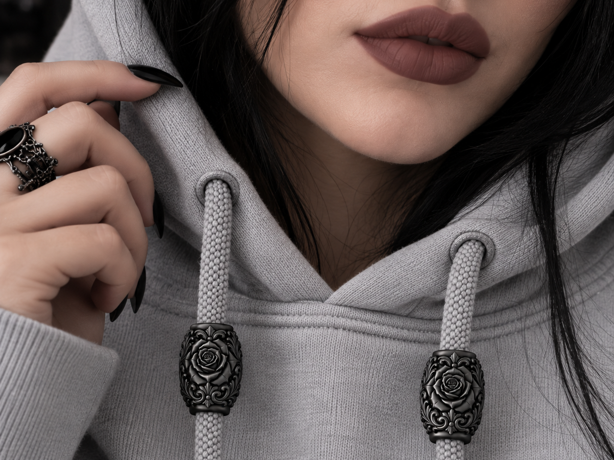 Goth Rose Baroque Hoodie Drawstring Beads Charms - 1
