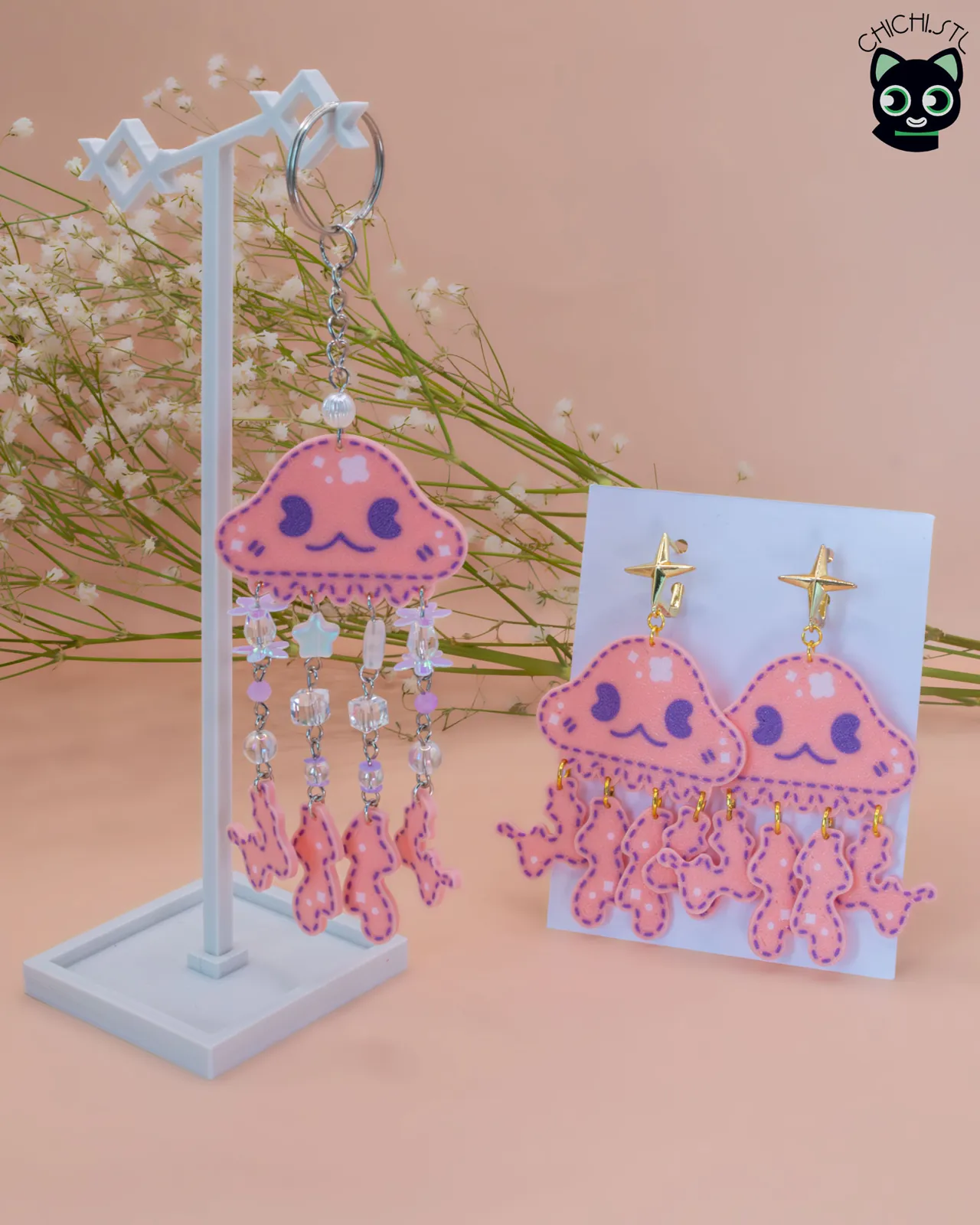 Jellyfish earrings and keychain view 2