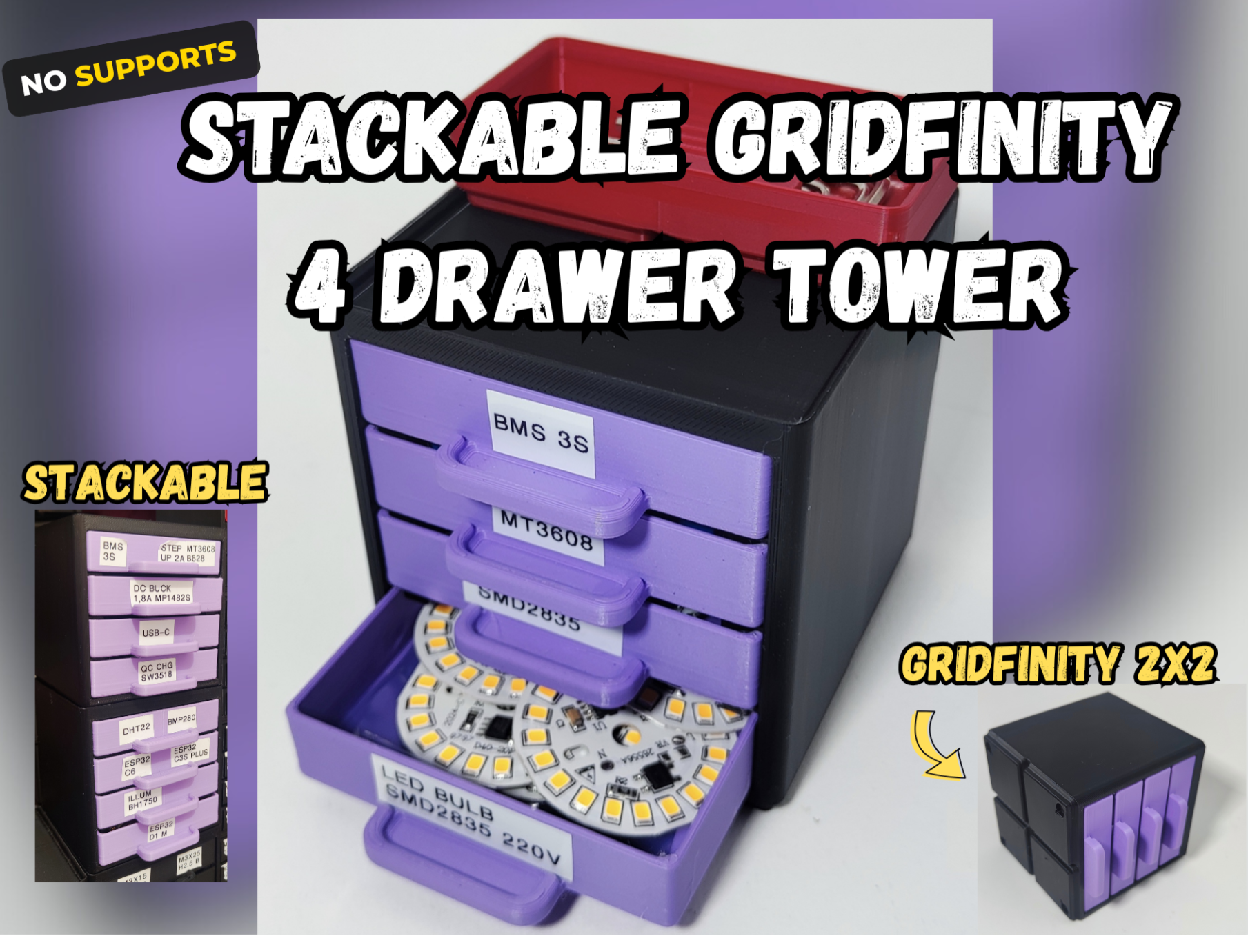 Stackable Gridfinity 4-Drawer Tower (2x2x12U)