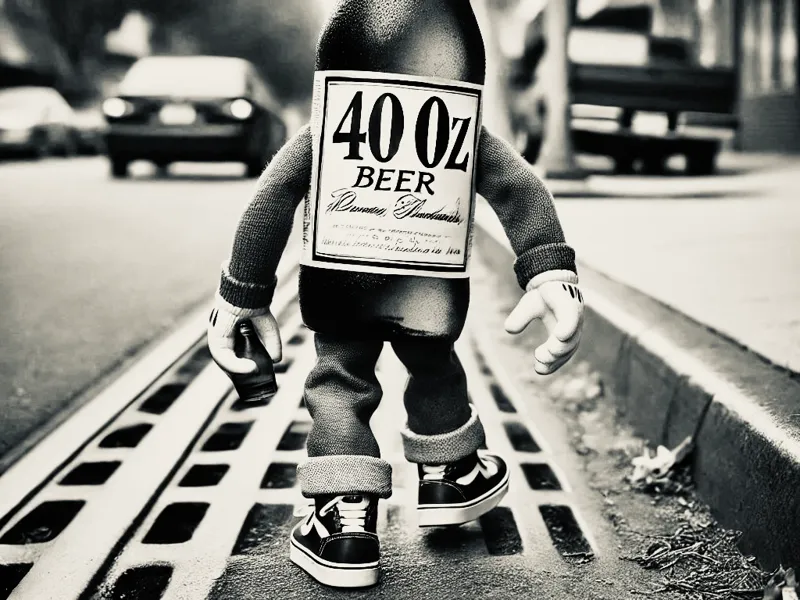 small 40 0z bottle walking down the street 