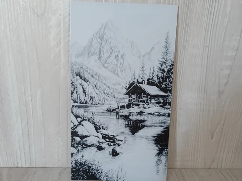 Tableau chalet et montagne hueforge