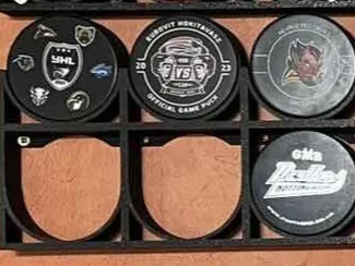 hockey puck stand on the wall
