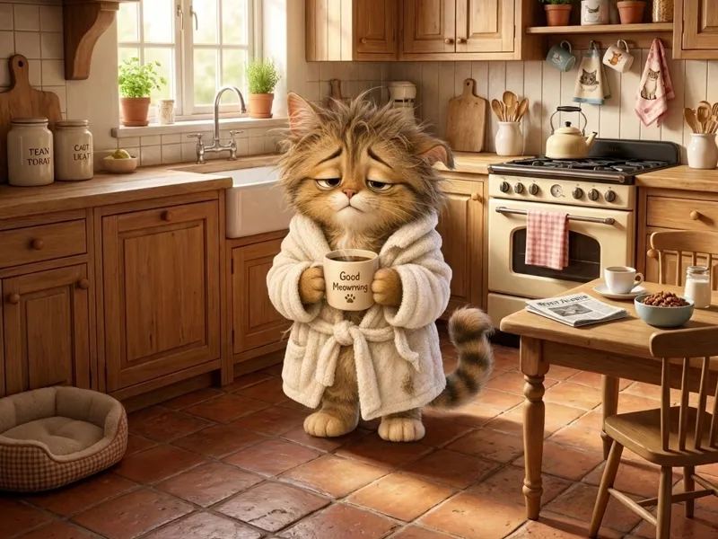 Male Sleepy Cat Drinking Coffee