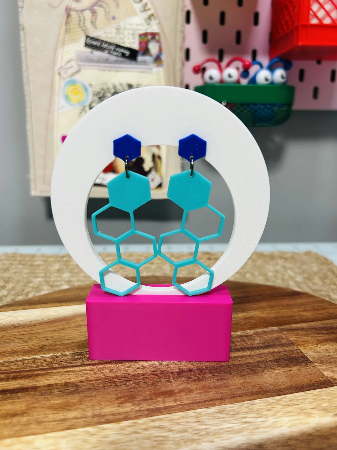 honeycomb hexagon geometric retro earrings view 2