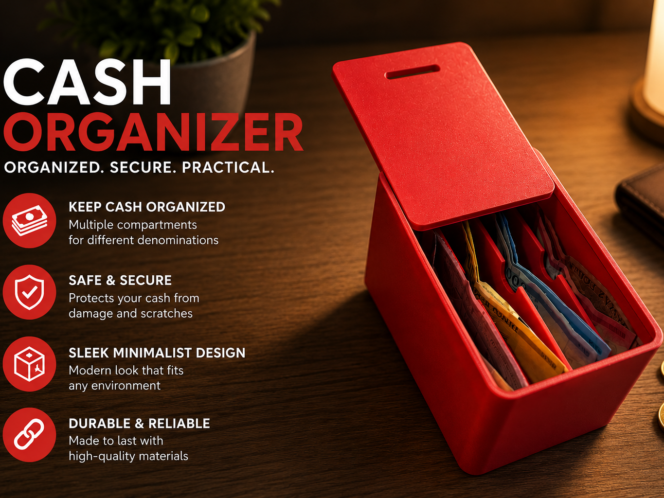 4-Compartment Sliding Lid Cash Organizer/Bankbox