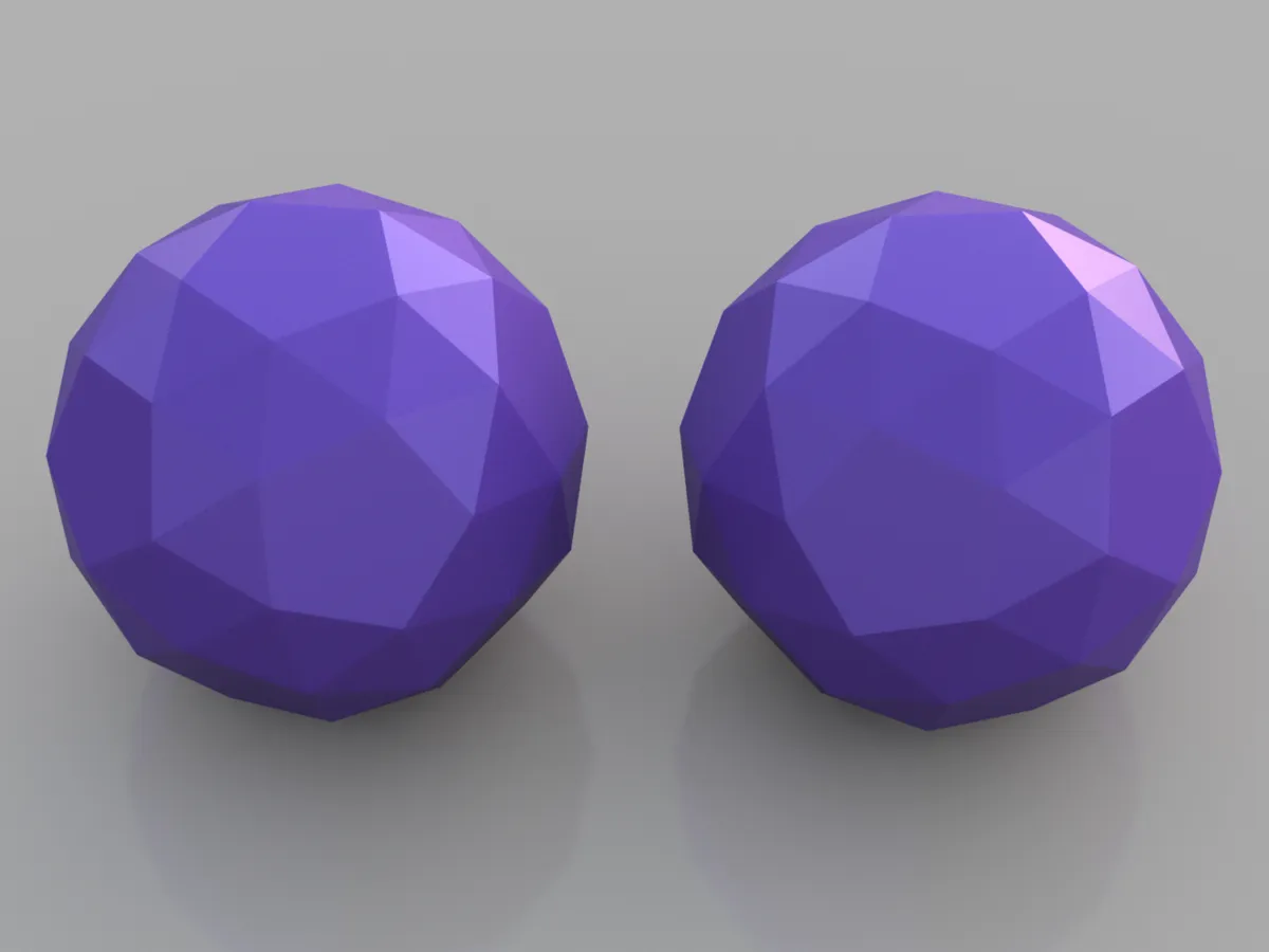 Sphères low poly, dodécaèdres adoucis gauche/droite