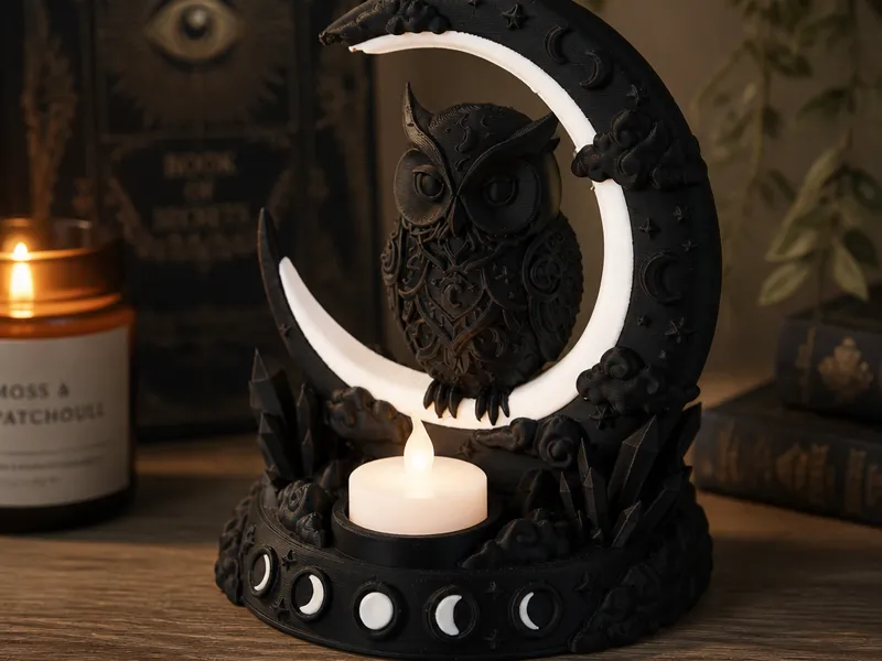 Crescent Owl LED Candle Holder Mystical Moon Decor