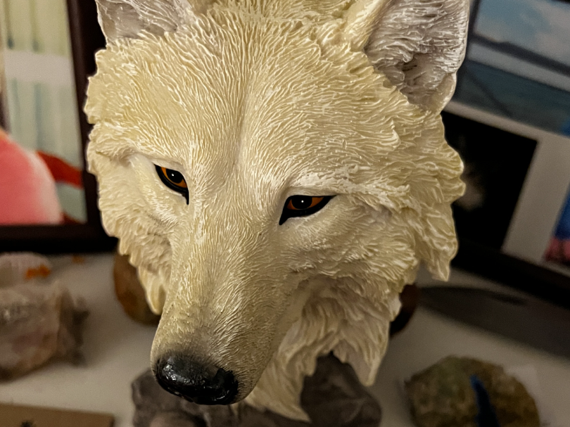 Wolf head statue on pedestal