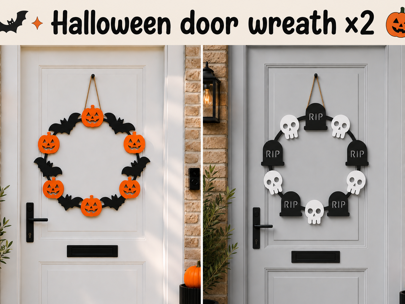 Halloween door wreath x2 pumpkin & skeleton 3D model