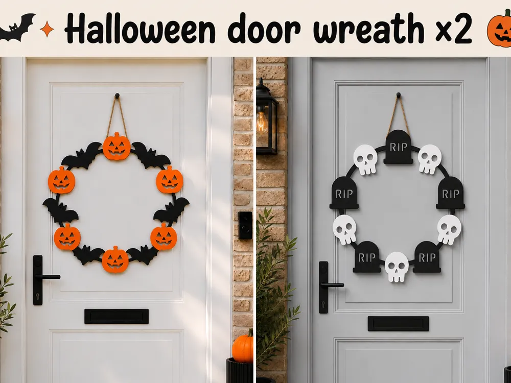 Adorno temático: Halloween door wreath x2 pumpkin & skeleton. Referencia del modelo original.