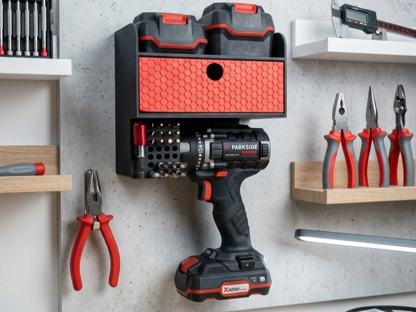 Universal Wall Drill Mount with Accessory Bins