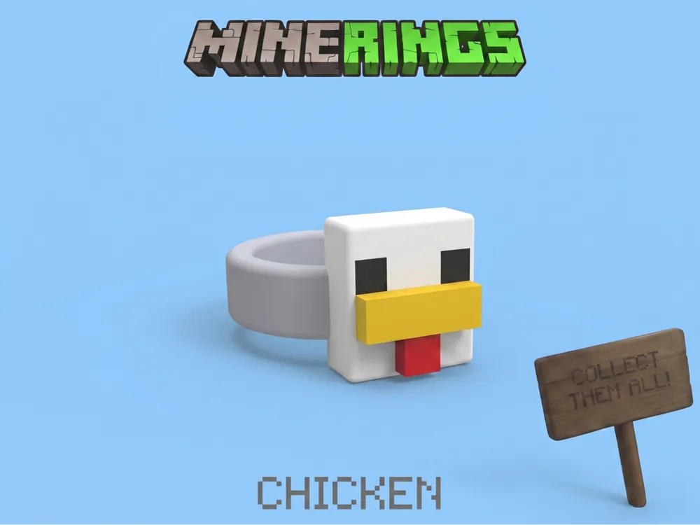 Letrero o emblema decorativo: MineRings Chicken – Minecraft Character Rings. Referencia del modelo original.