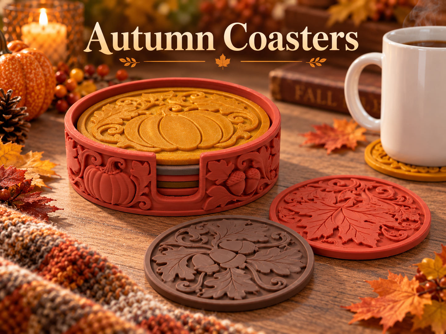 Autumn / Fall Coaster Set | 4 Designs + Holder - 1