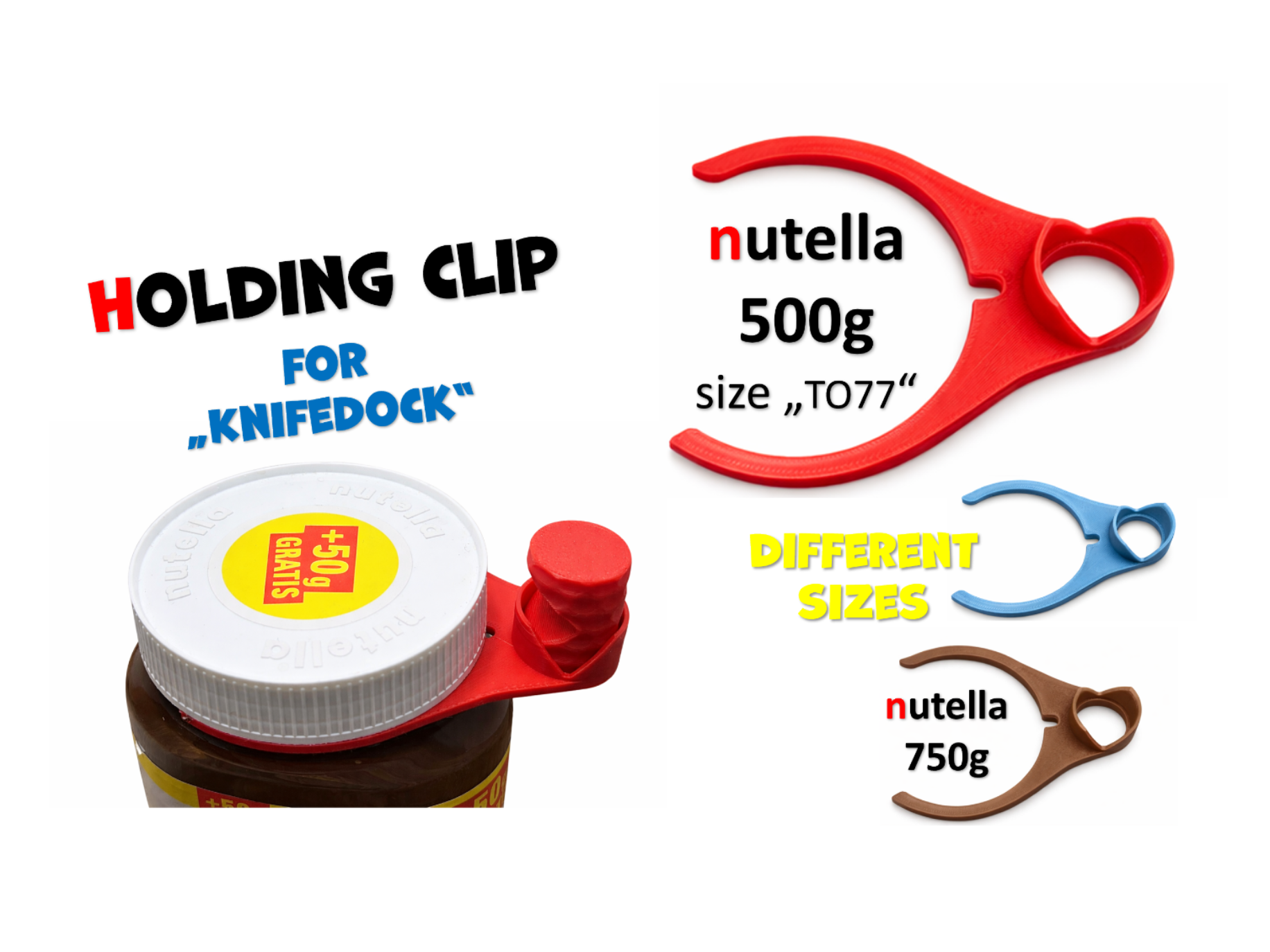 Clip-on Nutella jar adapter for knife holder