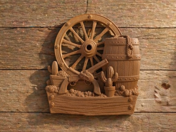 Western Decor Scene Wagon Wheel Barrel Guns Cactus