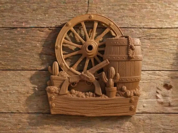Western Decor Scene Wagon Wheel Barrel Guns Cactus