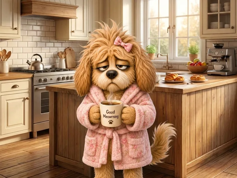 Female Sleepy Dog Drinking Coffee