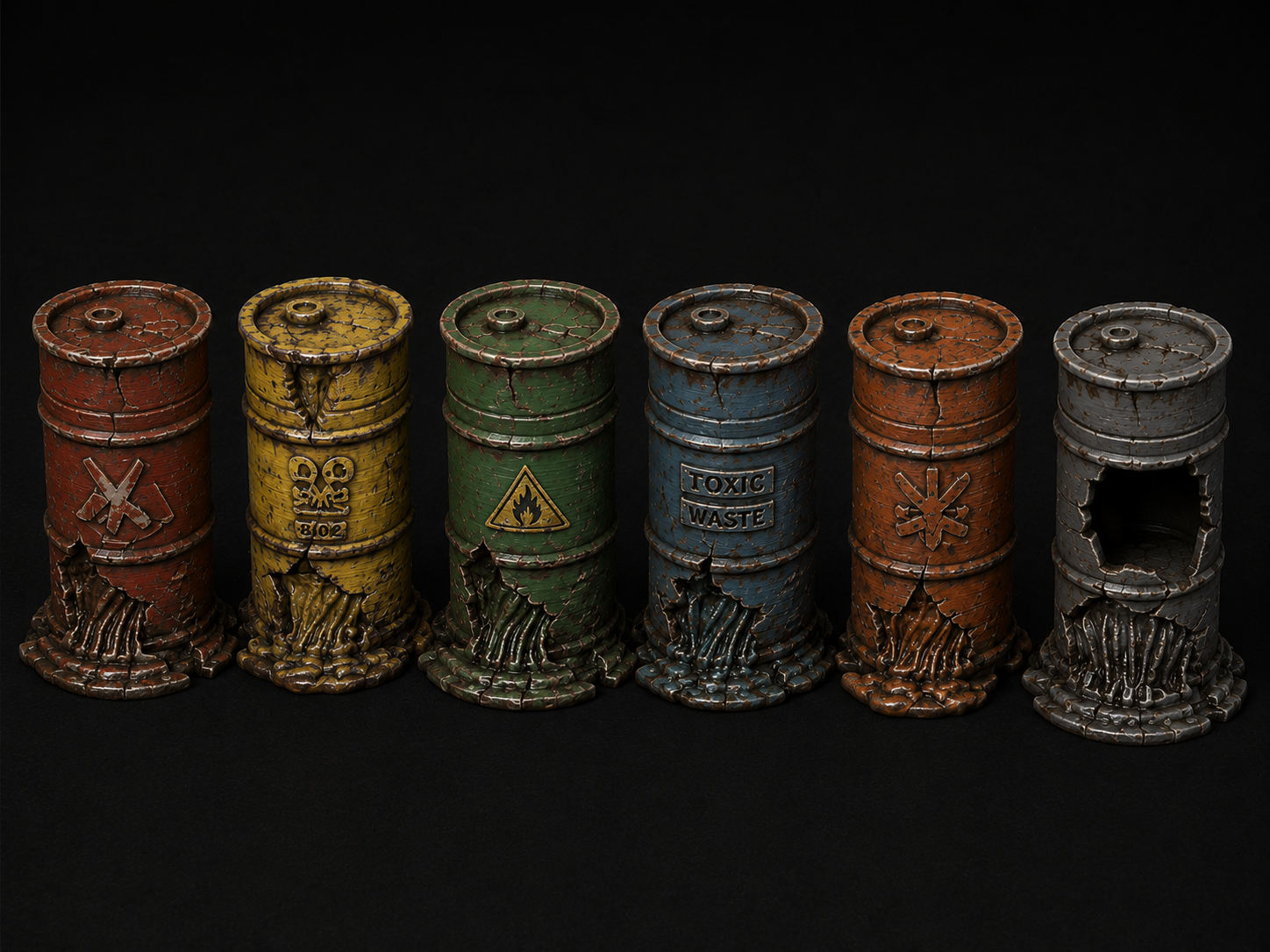 Broken spilled out chemical barrels