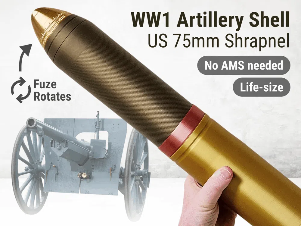 Accesorio para impresora 3D: US WW1 Artillery Shell with Rotating Fuze. Referencia del modelo original.