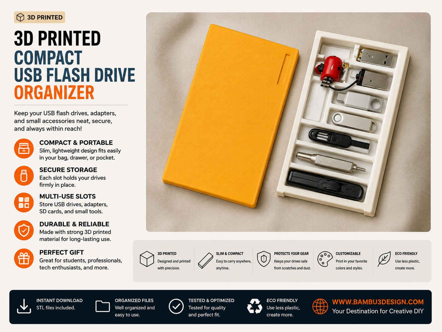 3D Printed Compact USB Flash Drive Organizer