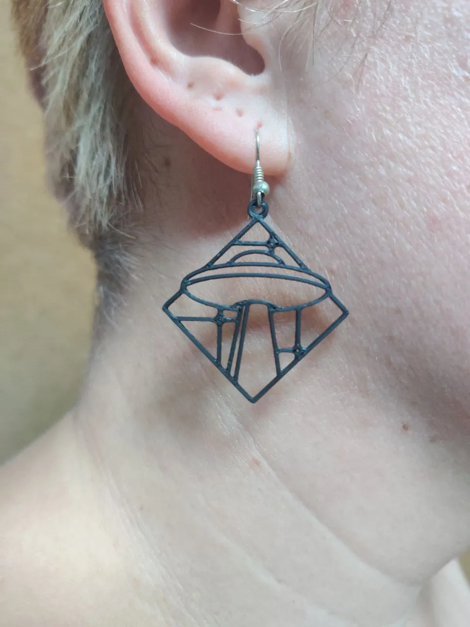 Geometric UFO — Minimalist Alien Abduction Earring view 2