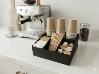 Coffee organizer, stirrers, creamer, coffee cups