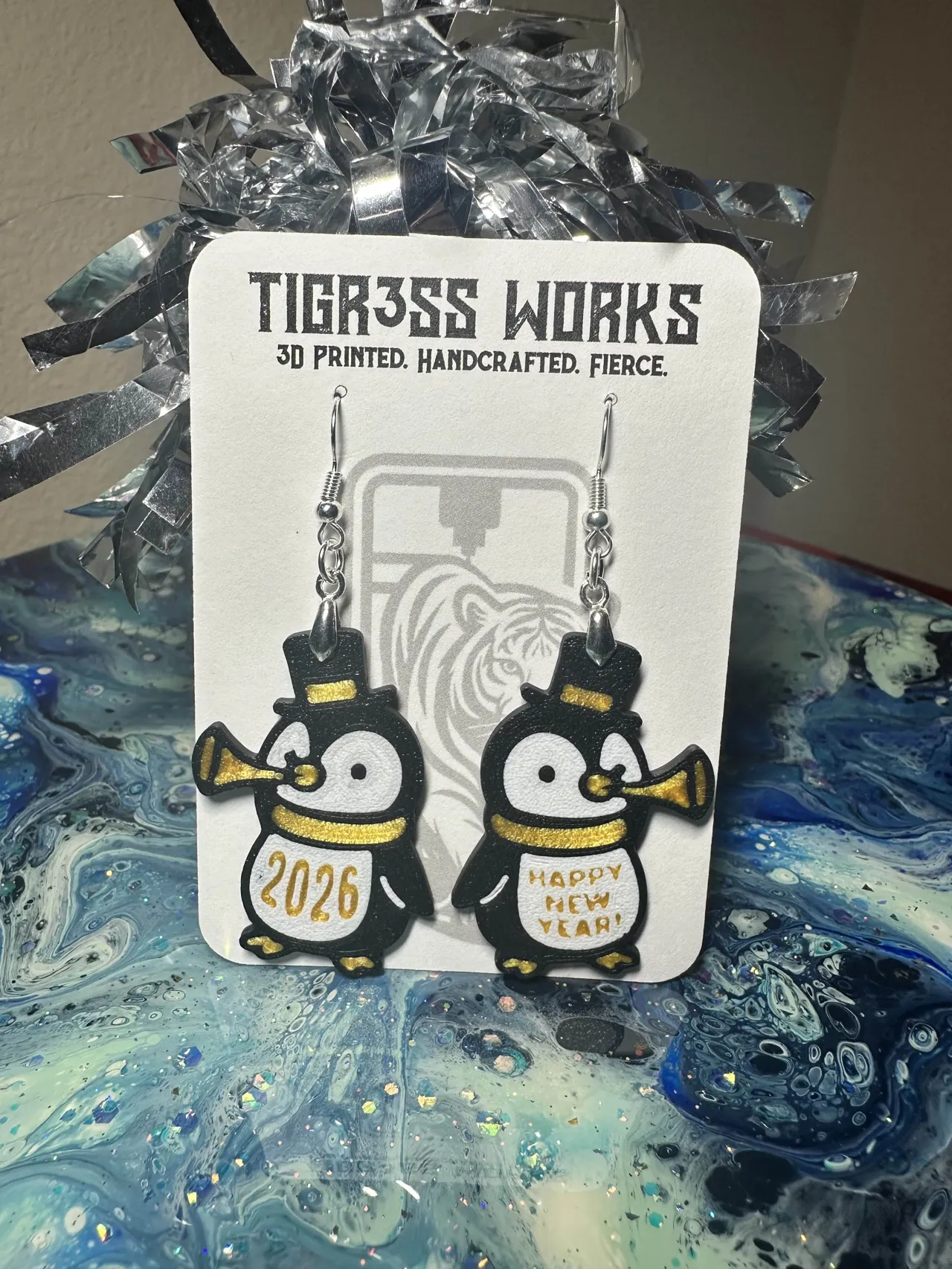 New Years Eve Penguin Earrings view 3
