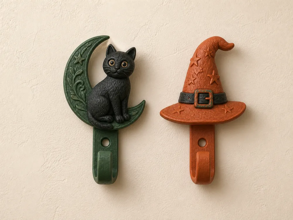 Adorno temático: Halloween Wall Hooks – Cat Moon & Witch Hat Set. Referencia del modelo original.