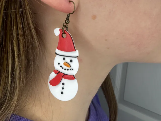 Snowman With Christmas Hat Earring