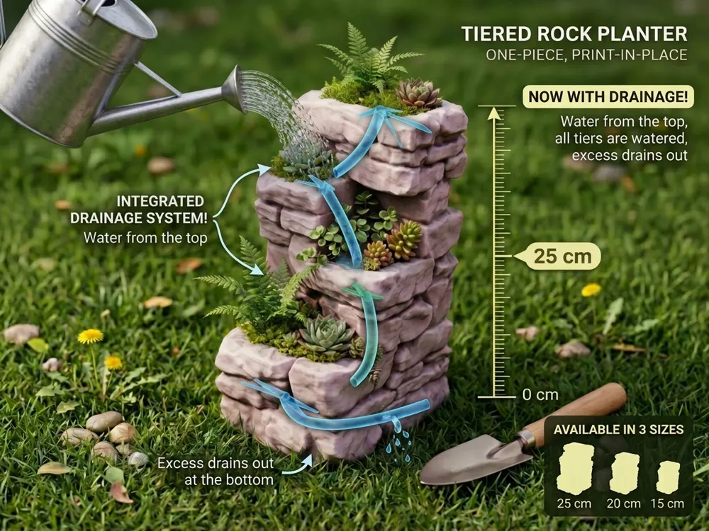 Rock Planter - Hidden Cascade Drainage · 3 Sizes - Free 3D Print Model ...