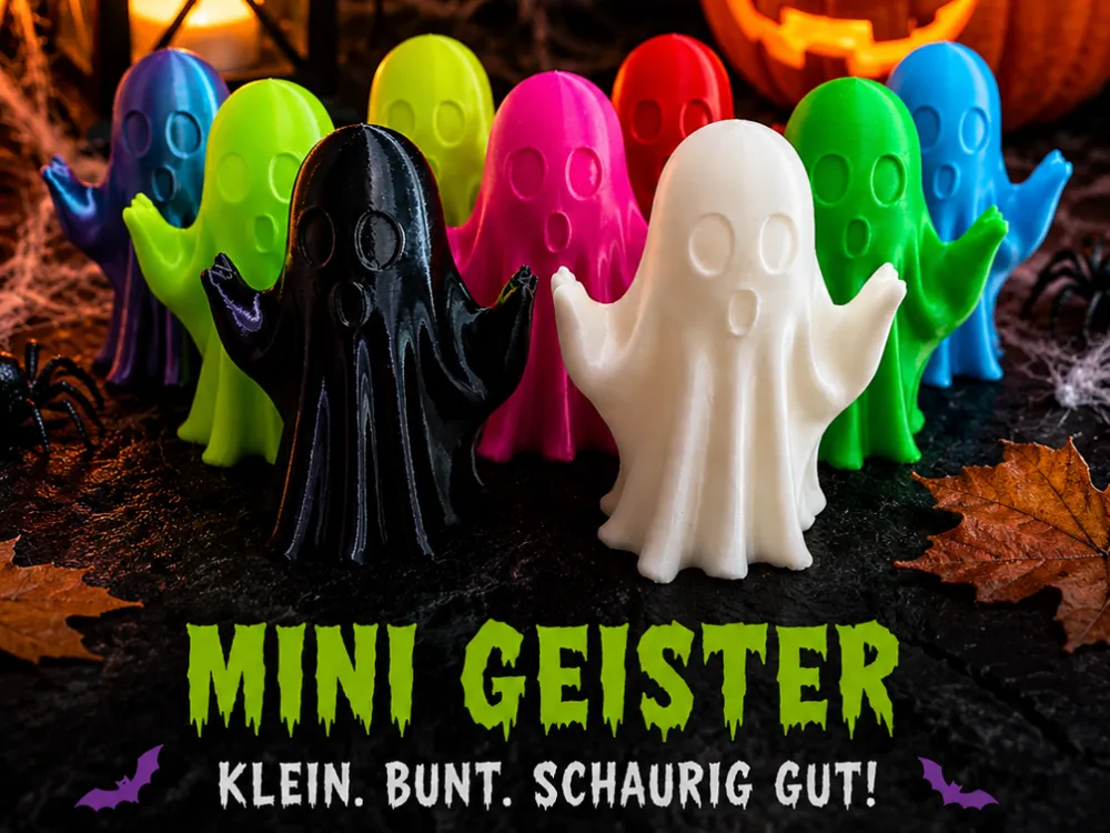 Mini fantasmas de distintos colores con brazos levantados, ojos y boca.