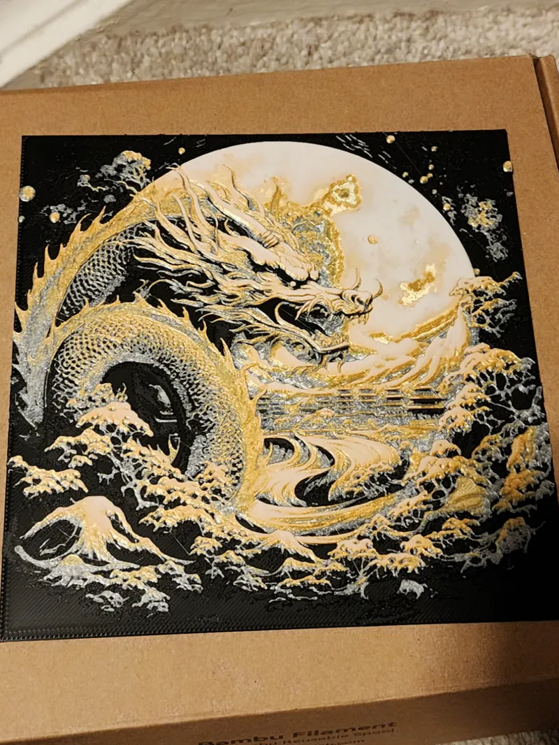 Year of the Dragon, Metallic Gold/Sliver, HueForge art. Two sizes, plus a "No AMS required" profile!