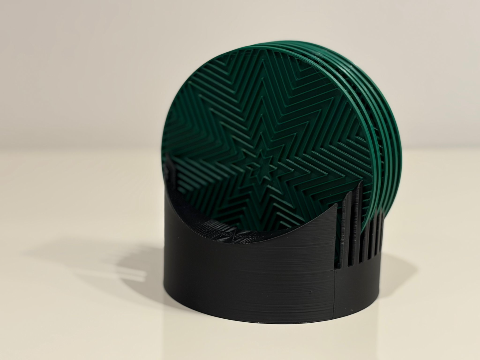 Ornate coasters with modern holder