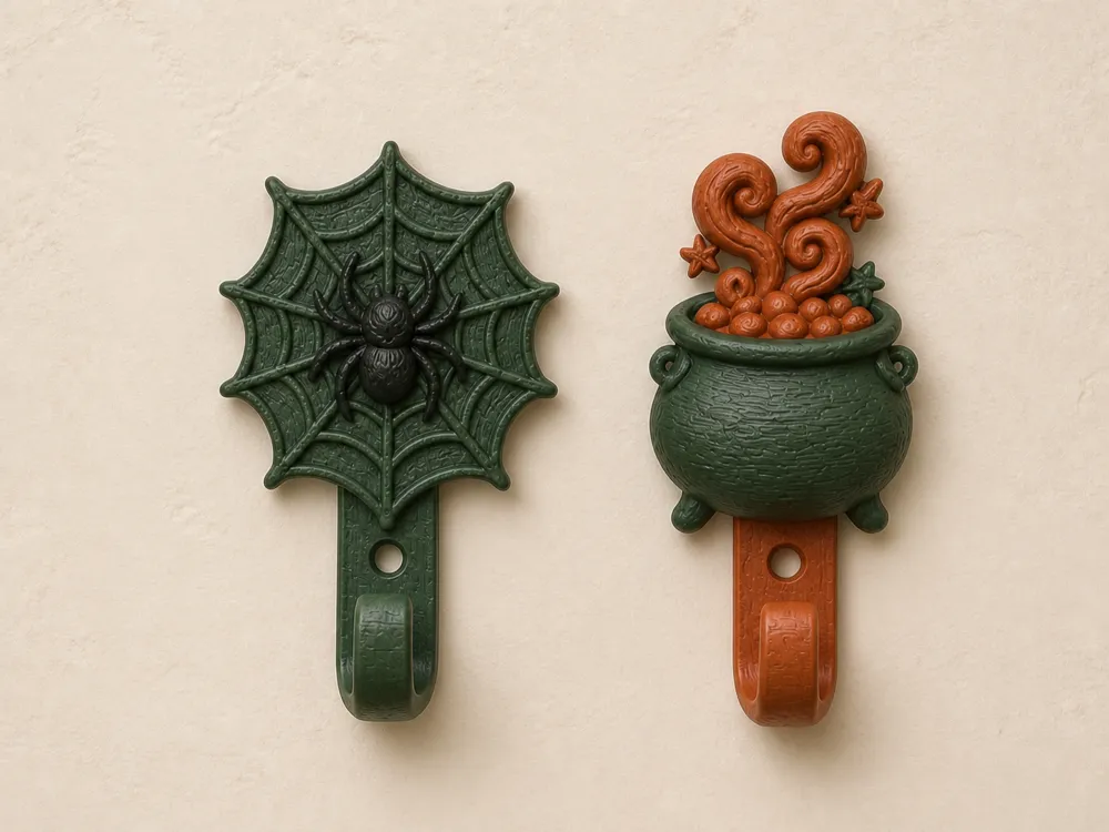 Adorno temático: Halloween Wall Hooks – Spider & Bubbling Witch Set. Referencia del modelo original.