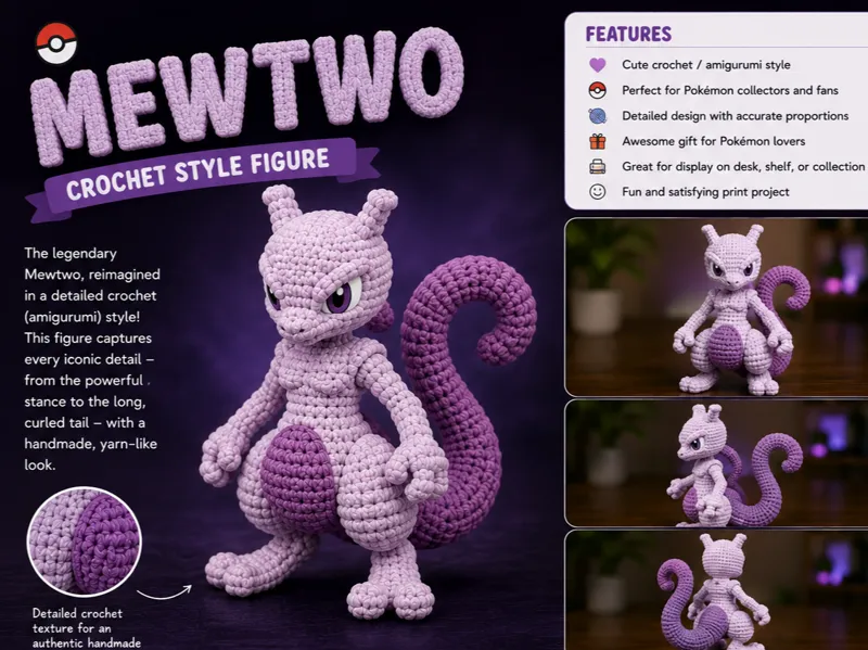 Mewtwo Crochet Style Figure
