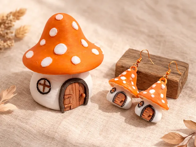 Fairy Mushroom Cottage Earrings & Mini Cottage Set
