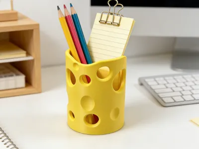 Cheese-shaped pen holder with dividers, yellow cheese