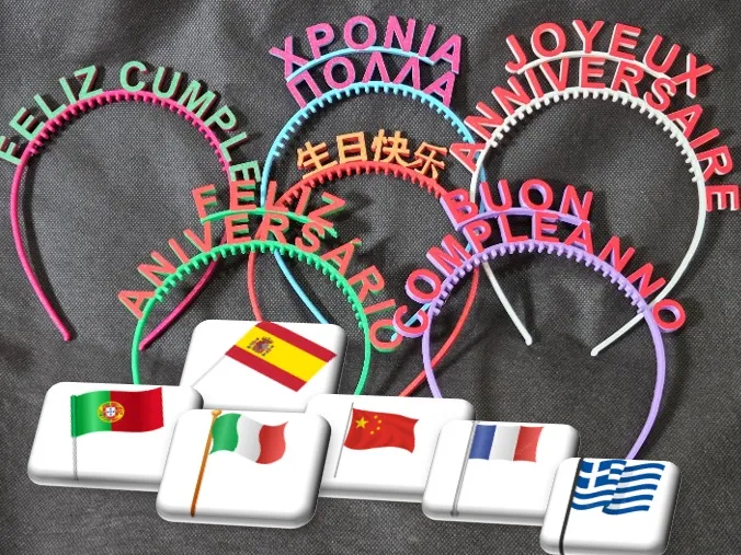 Happy birthday headbands in six languages