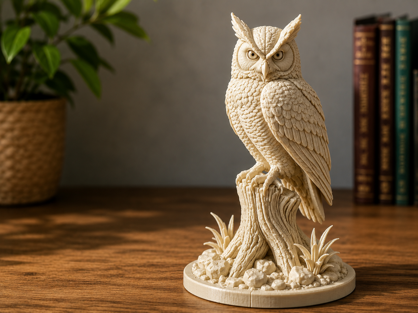 Realistic Owl on Tree Stump Detailed Figurine