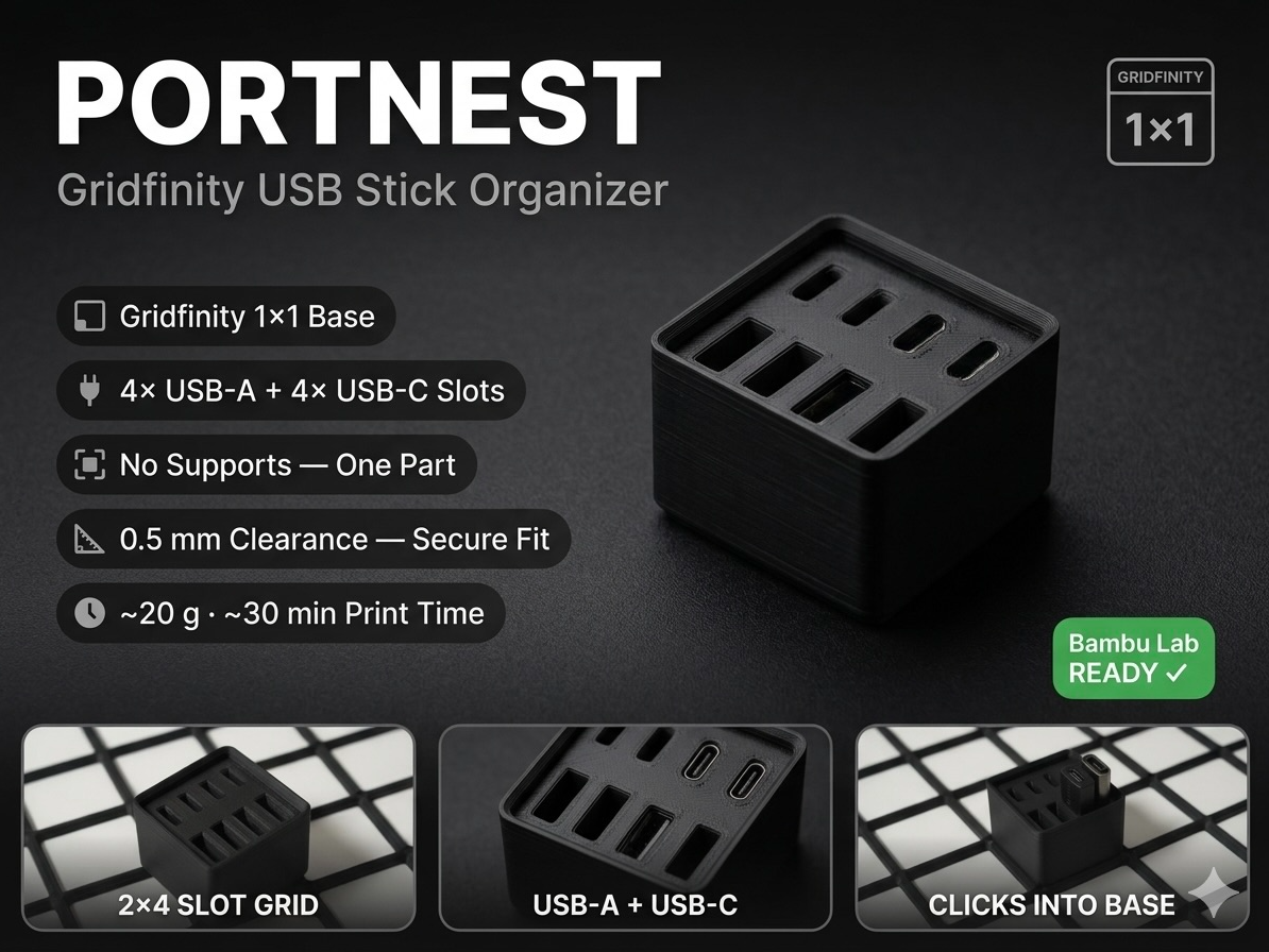 PortNest — Gridfinity USB Stick Organizer